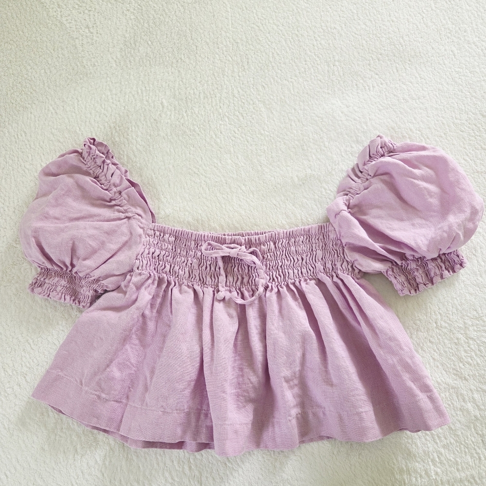 Faithfull the Brand ✨️ Smocked Off-Shoulder Linen Puff Sleeve Crop Top Size XL